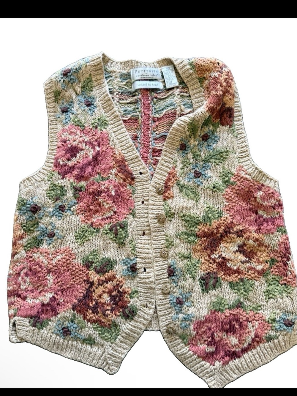 VTG Portraits Northern Isles floral shabby knit cottage core vest grandma 90s